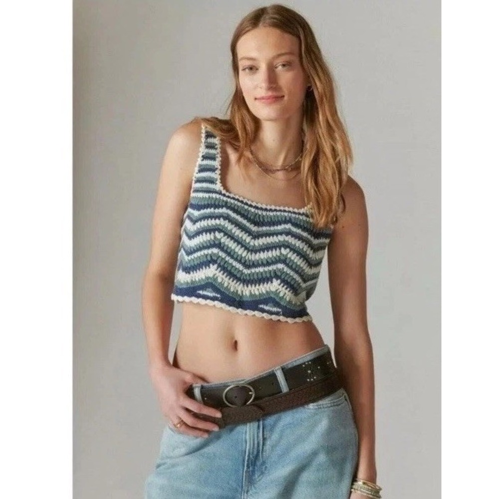 Lucky Brand Crochet Crop Tank Top XL Blue White Zig‎ Zag Hippie